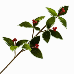 [xm-hs4813] Branche décorative: Feuilles vertes en velours et baies rouges