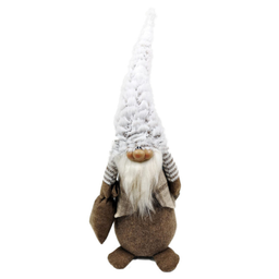 [xm-kb1253] Gnome en peluche brun avec chapeau blanc